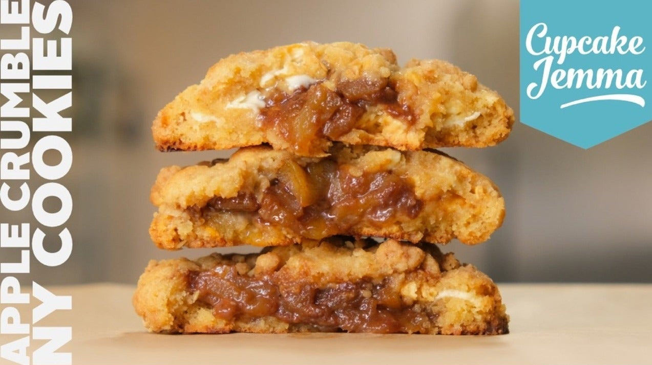 Close-up of stacked Apple Crumble New York Cookies showing gooey apple filling for Cupcake Jemma downloadable recipe.