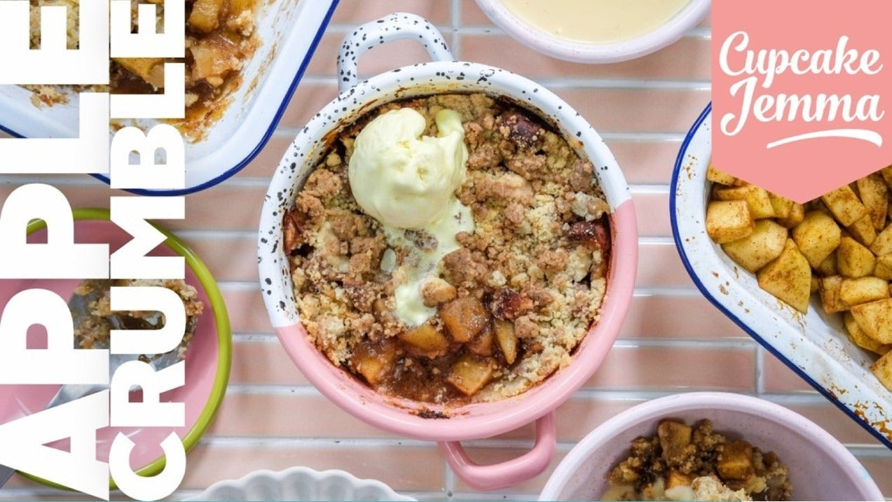 Apple Crumble downloadable recipe with baked apple filling topped with crumble and a scoop of melting vanilla ice cream