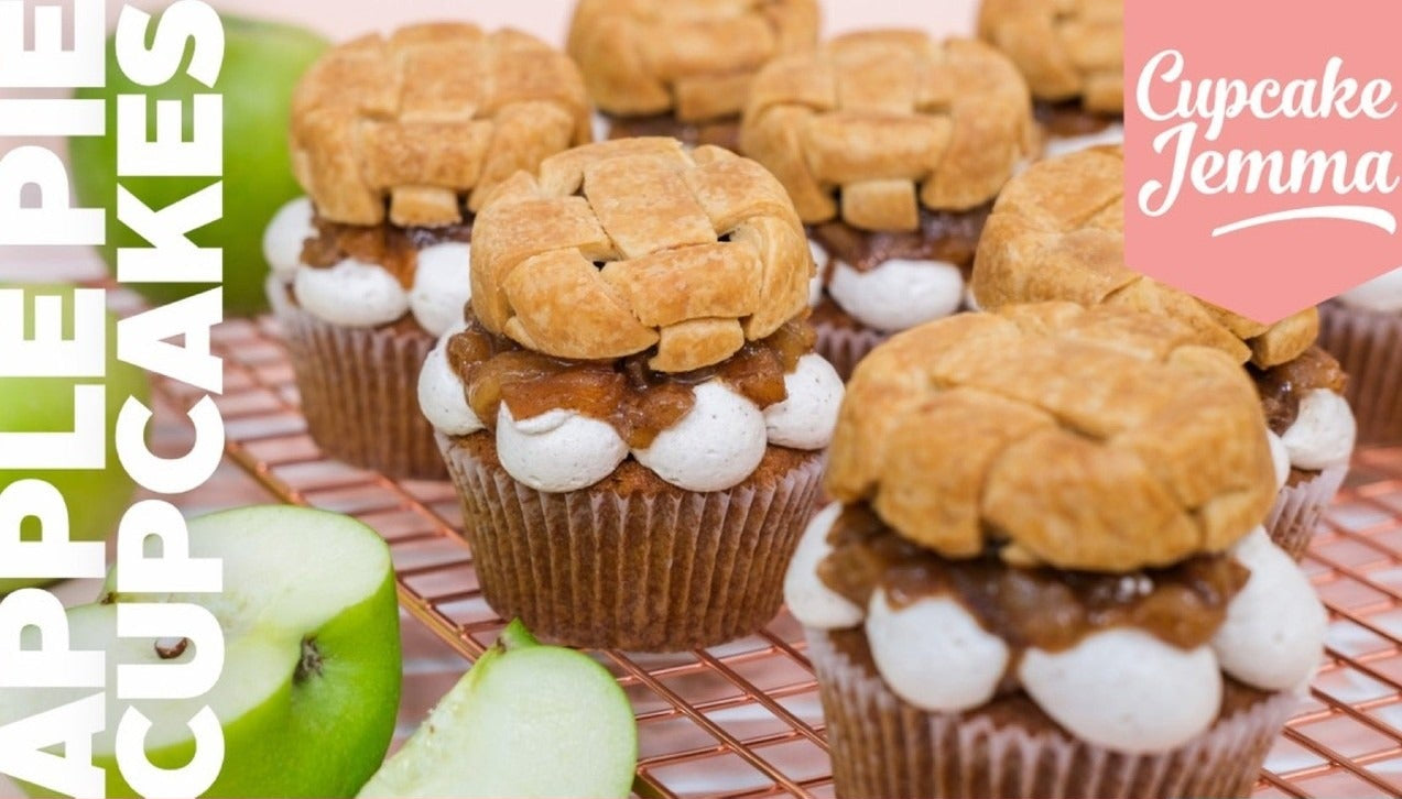 Apple Pie Cupcakes with cinnamon buttercream frosting and pastry topping from Cupcake Jemma recipe baking guide