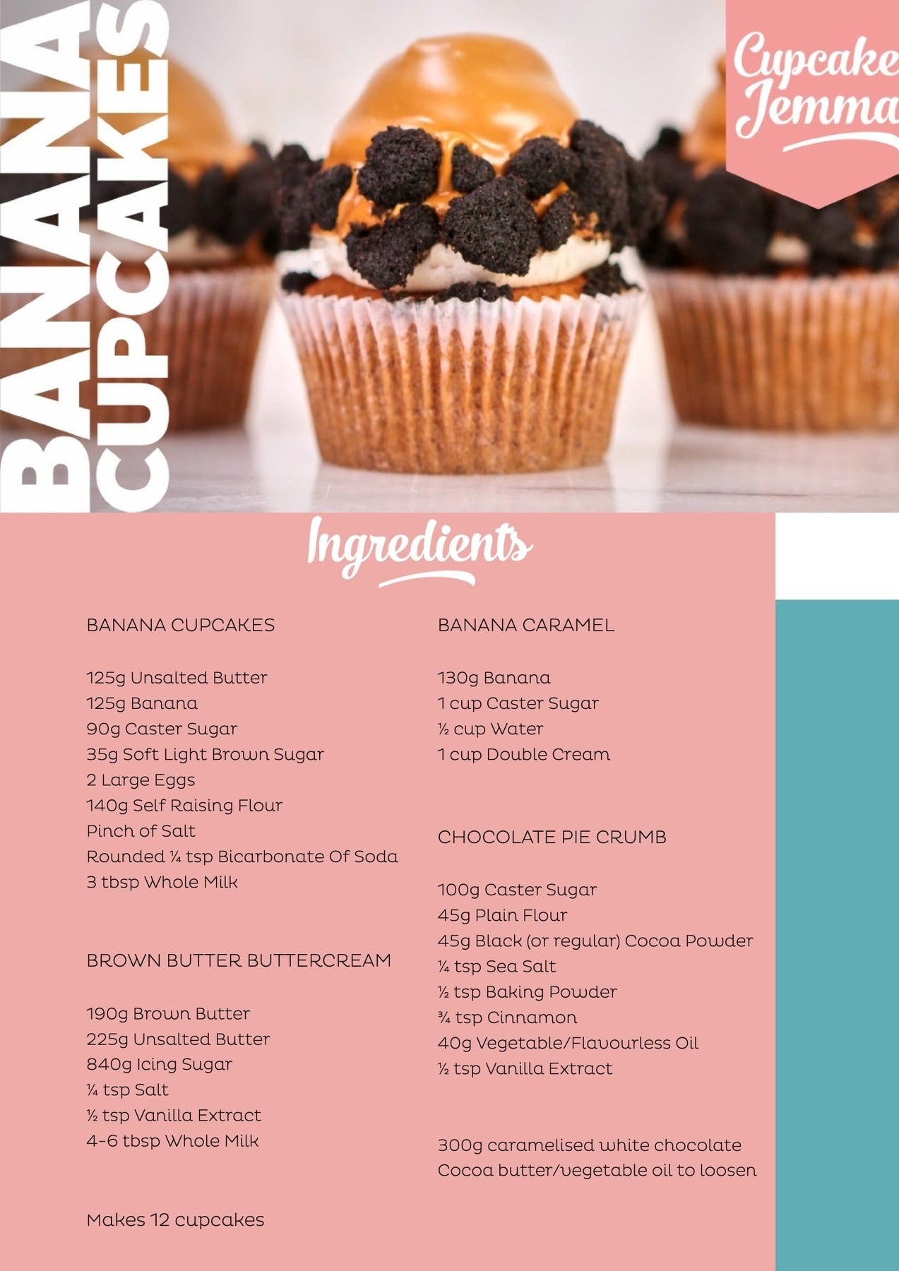 Close-up of a banana cupcake topped with banana caramel and chocolate crumbs from Banana Cupcakes downloadable recipe by Cupcake Jemma
