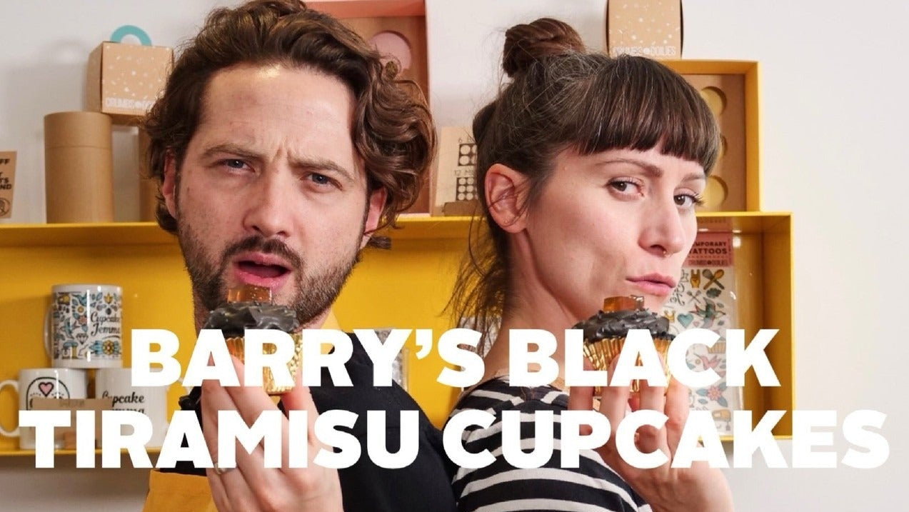 Two bakers holding cupcakes behind text for Sorted Food Barry's Black Tiramisu Cupcakes downloadable recipe ingredients list