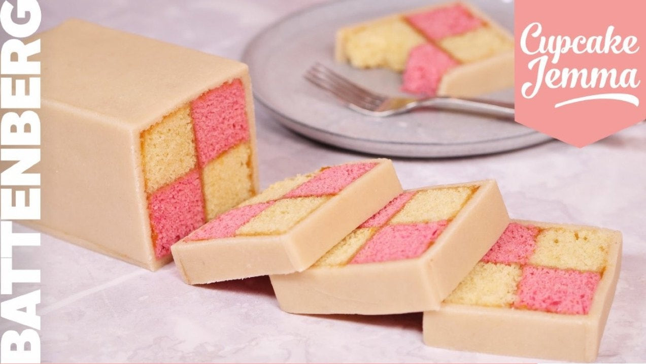 Battenberg Cake downloadable recipe showing pink and yellow sponge squares wrapped in marzipan by Cupcake Jemma