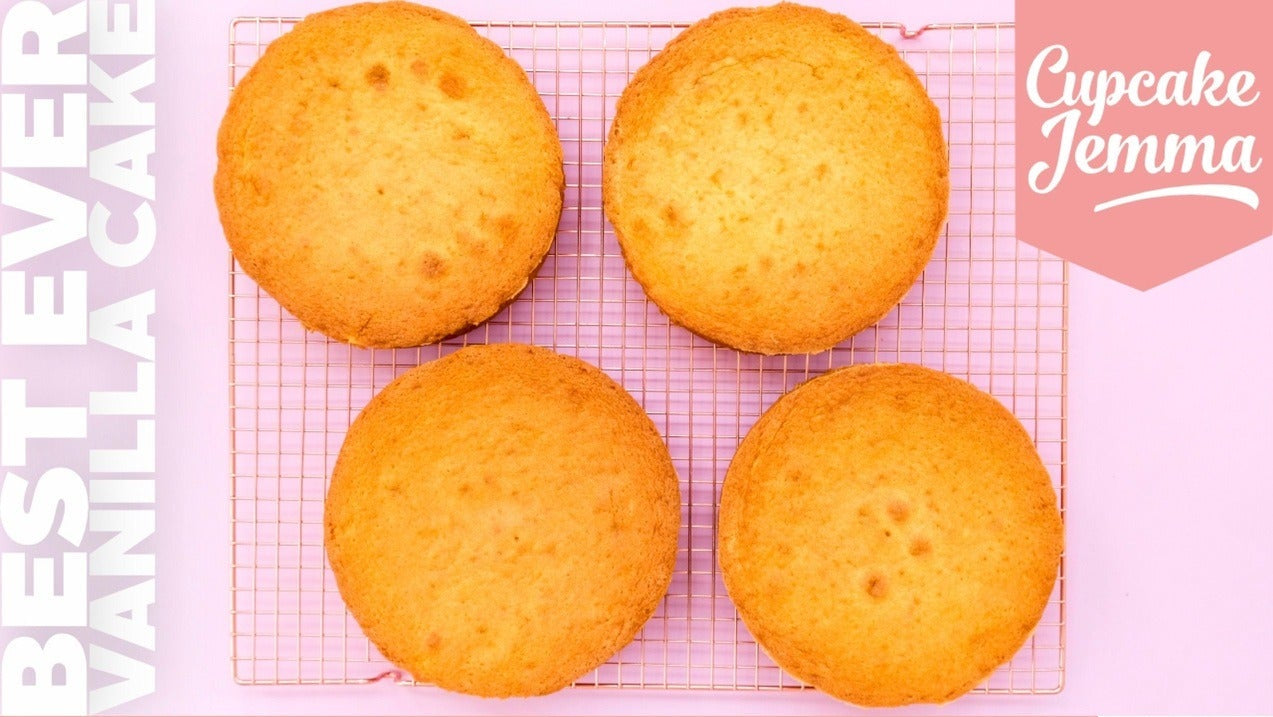 Best Vanilla Cake Sponge downloadable recipe with four golden vanilla sponge cakes baked by Cupcake Jemma