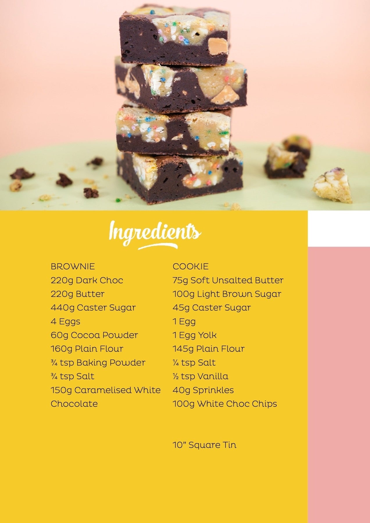 Stack of Birthday Brookies with brownie and cookie layers topped with colorful sprinkles and recipe ingredients list below