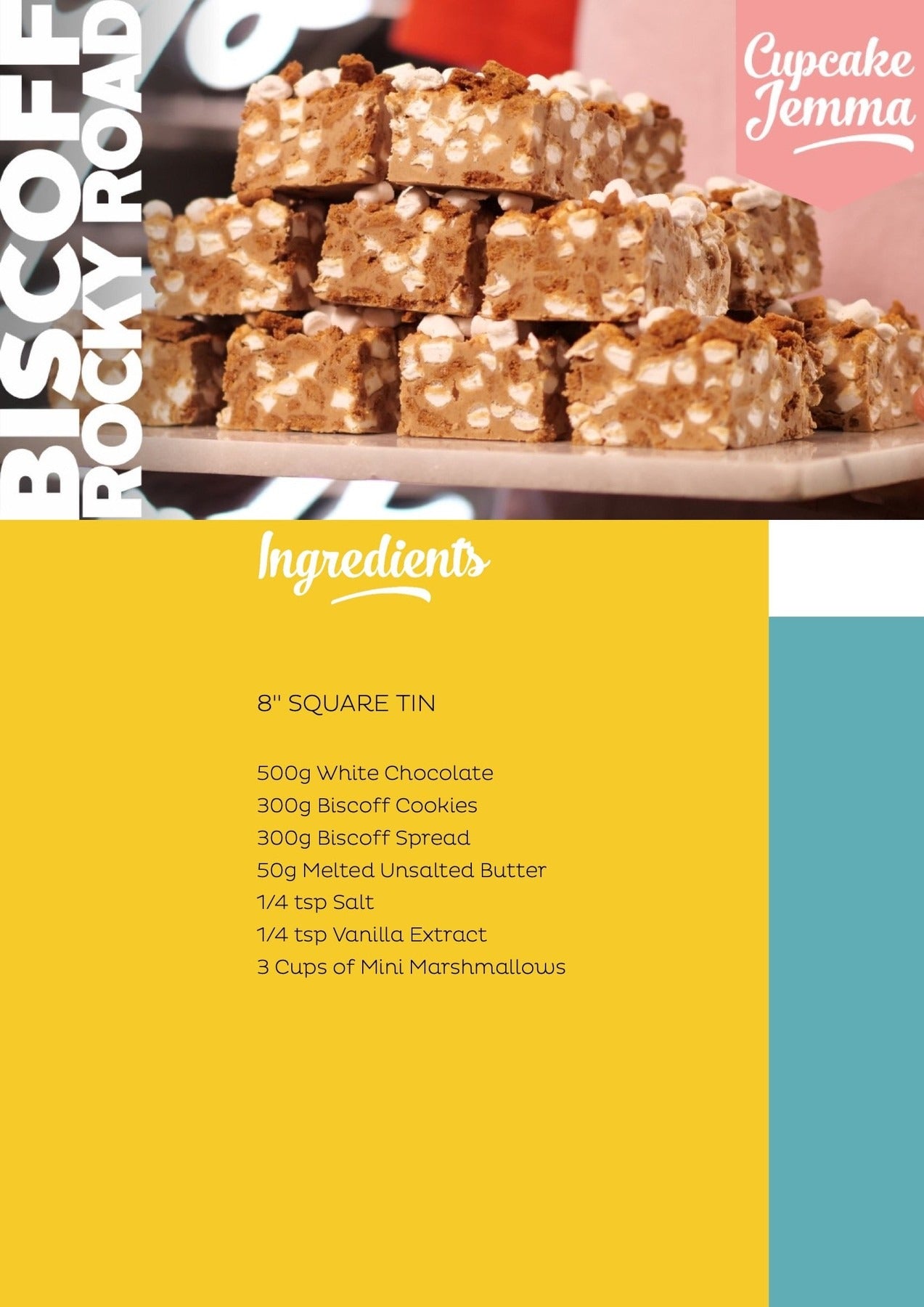 Stacked squares of Biscoff Rocky Road with marshmallows and cookie pieces in a recipe by Cupcake Jemma