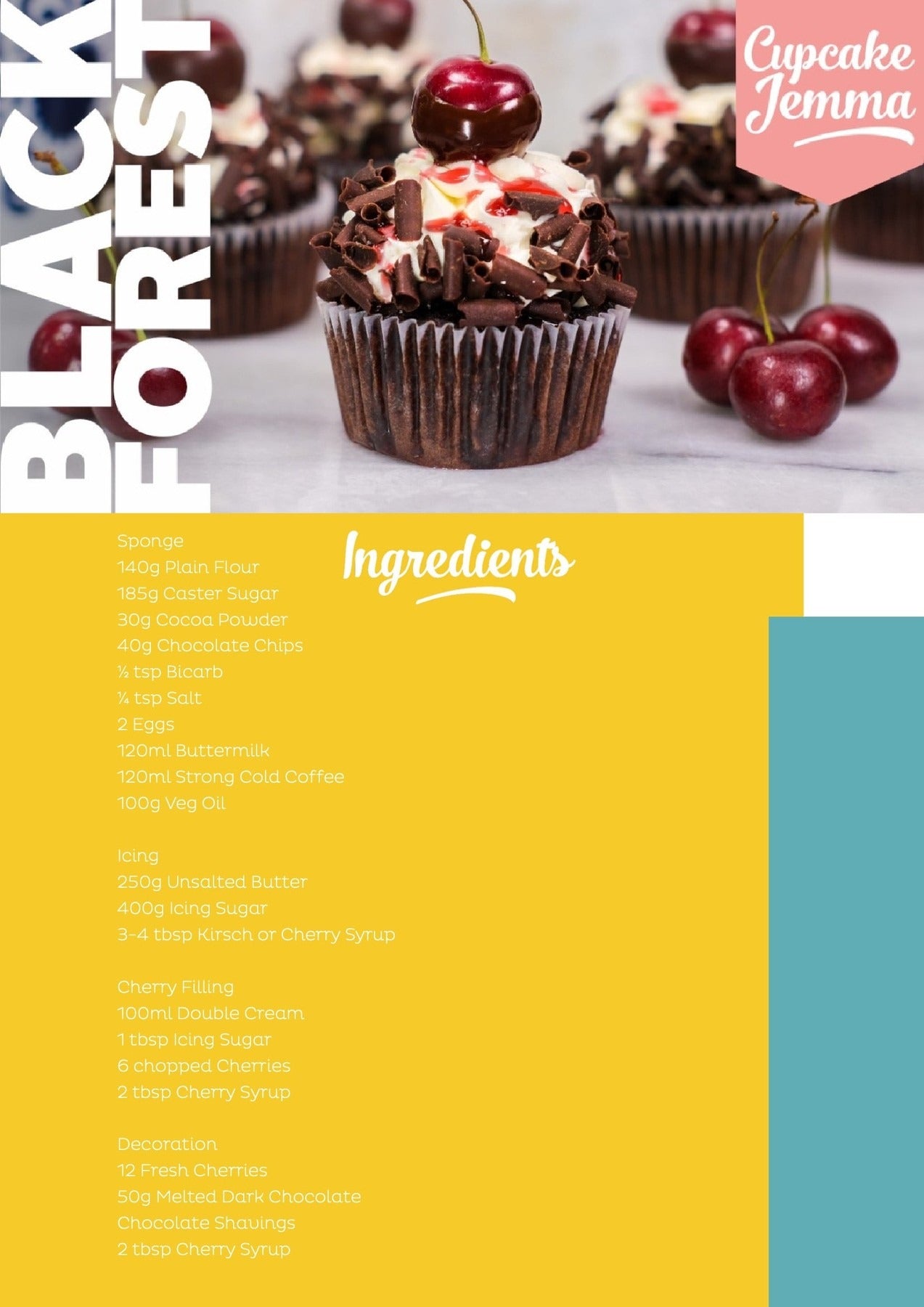 Chocolate Black Forest cupcake topped with cherry and cream with recipe ingredients by Cupcake Jemma