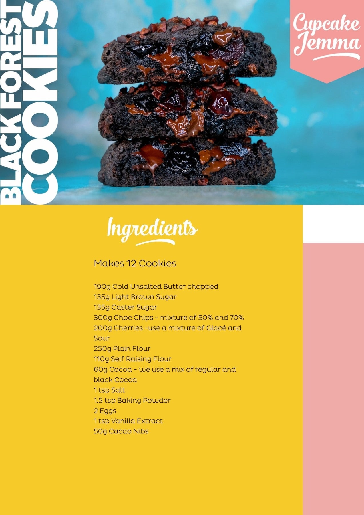 Stack of gooey Black Forest New York Cookies with melted chocolate and cherries by Cupcake Jemma recipe ingredients list below