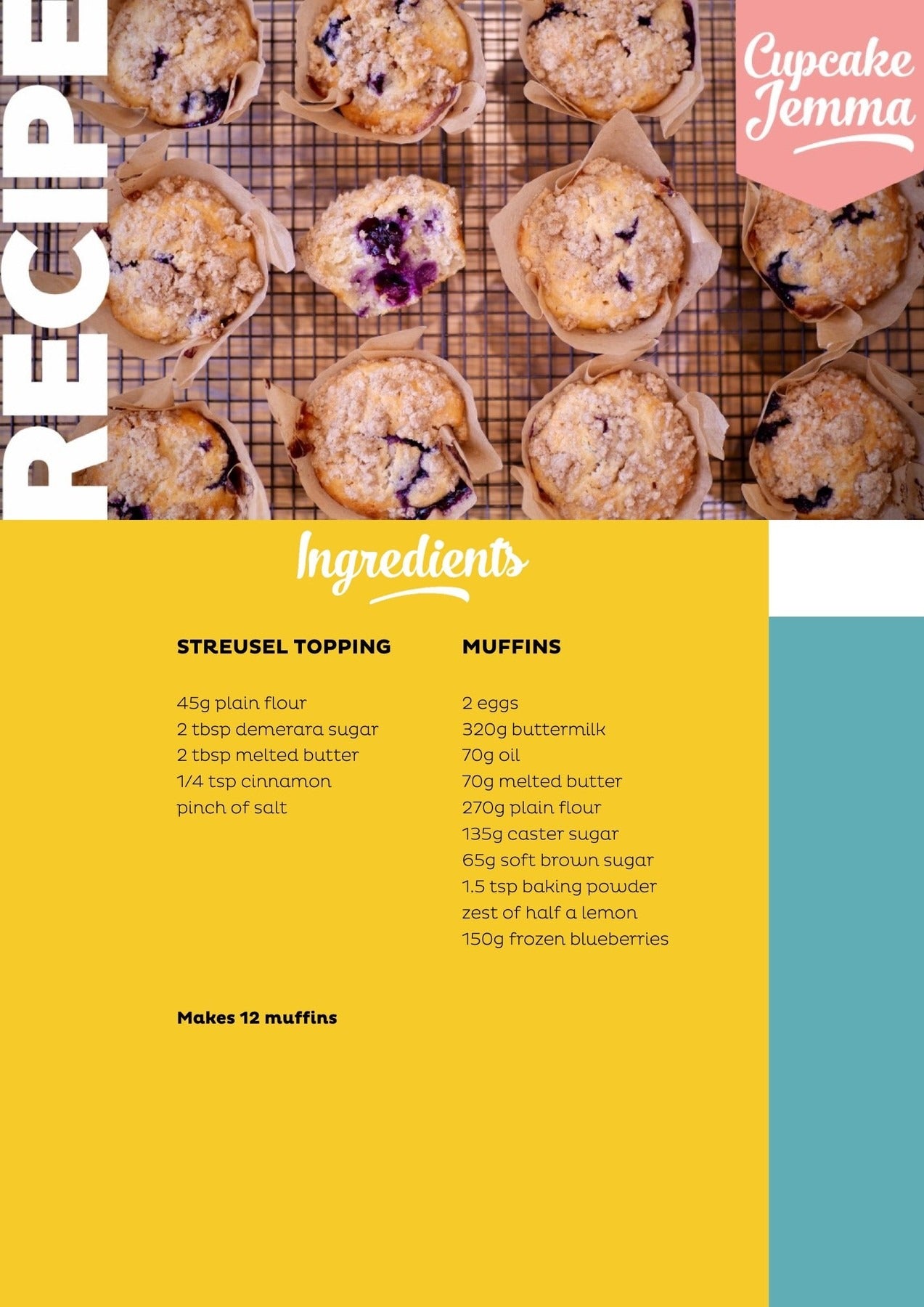 Blueberry Muffins downloadable recipe by Cupcake Jemma with ingredients list and freshly baked muffins on a cooling rack