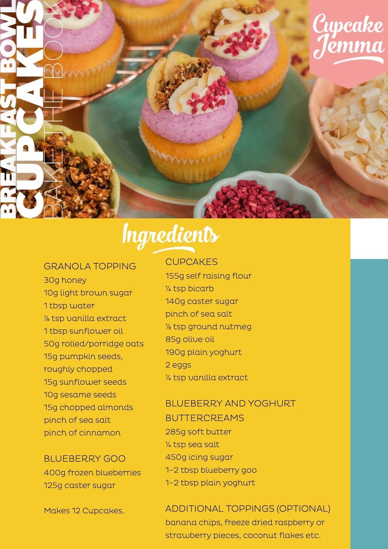 Colorful Breakfast Bowl Cupcakes with purple blueberry and yoghurt buttercream frosting and granola topping by Cupcake Jemma recipe