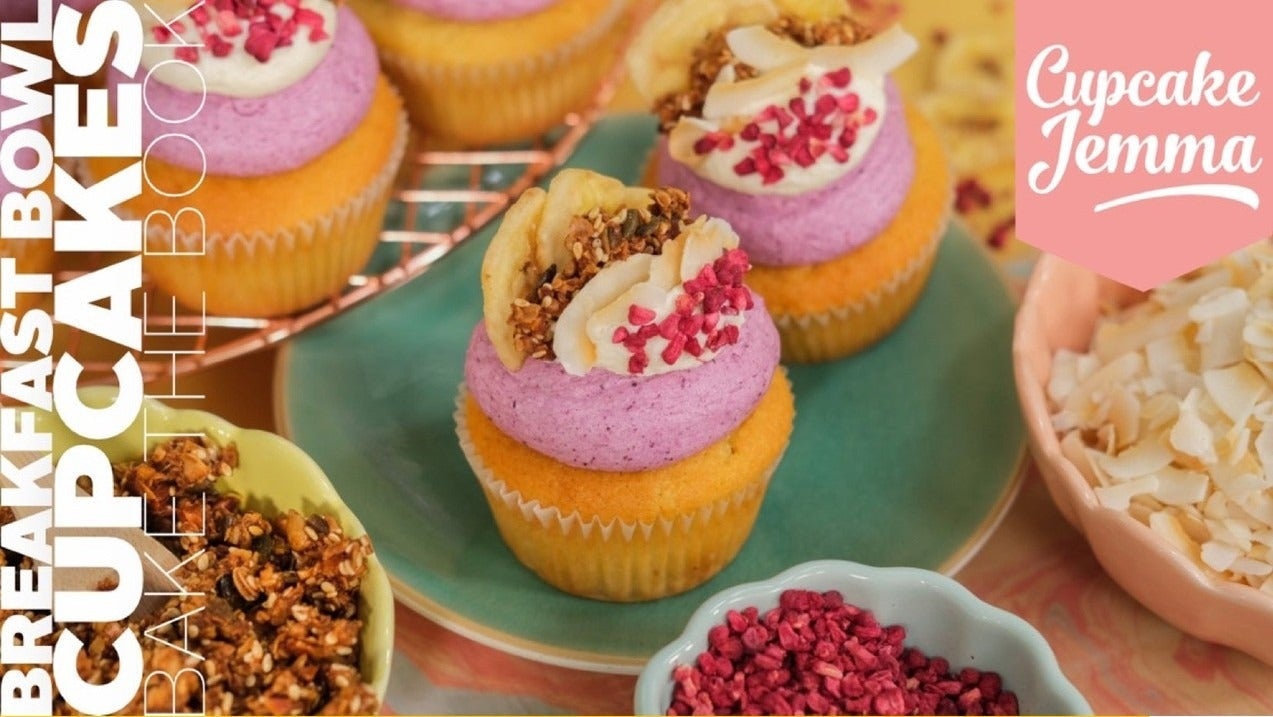 Colorful Breakfast Bowl Cupcakes with purple blueberry and yoghurt buttercream frosting and granola topping by Cupcake Jemma recipe
