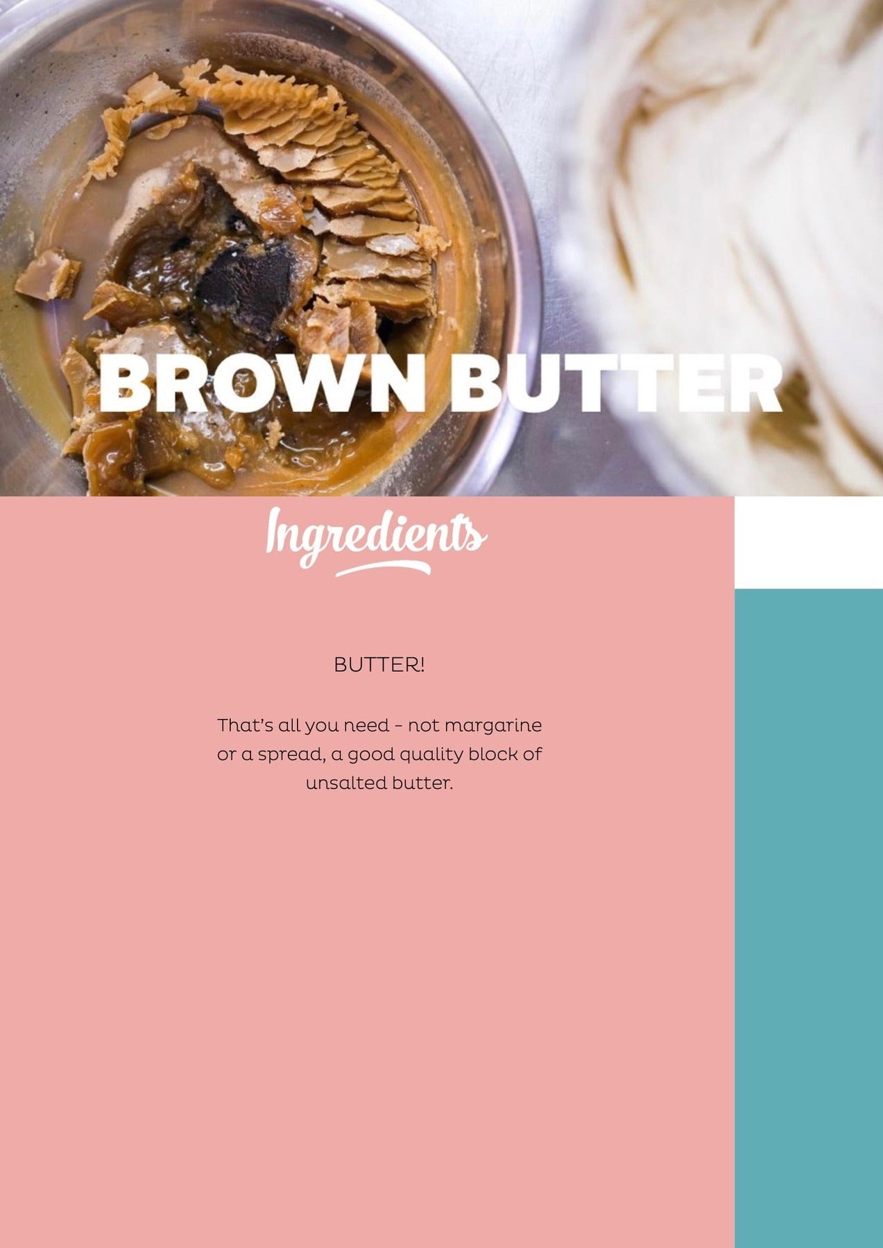 Brown Butter downloadable recipe page showing browned butter in a bowl and ingredient instructions for butter use