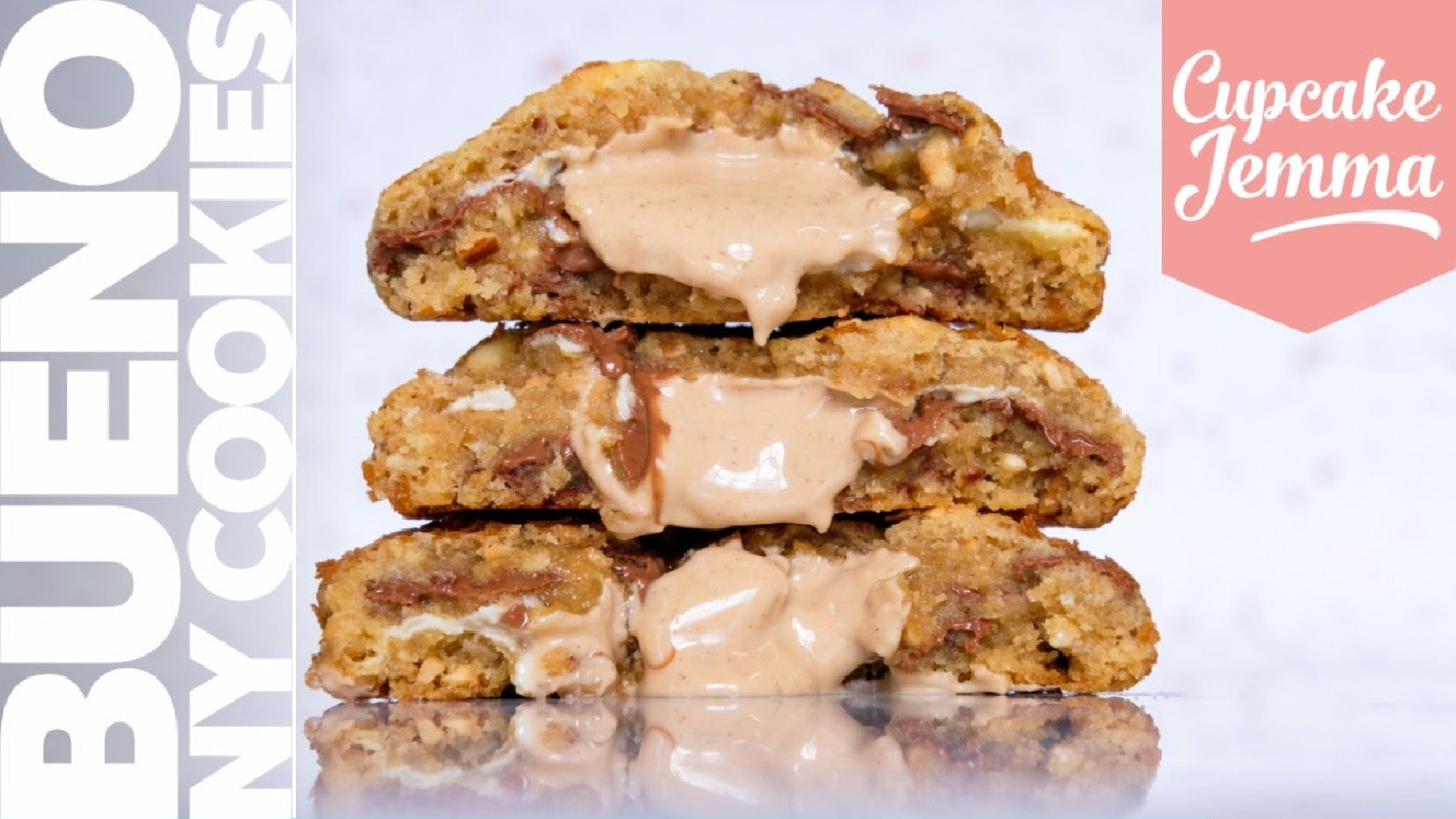 Stacked Bueno New York Cookies with creamy filling and ingredient list for downloadable Cupcake Jemma baking recipe.