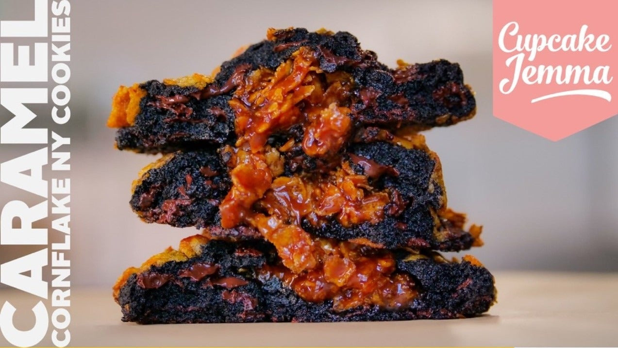 Close-up of stacked caramel cornflake New York cookies with gooey caramel and crispy cornflakes inside by Cupcake Jemma