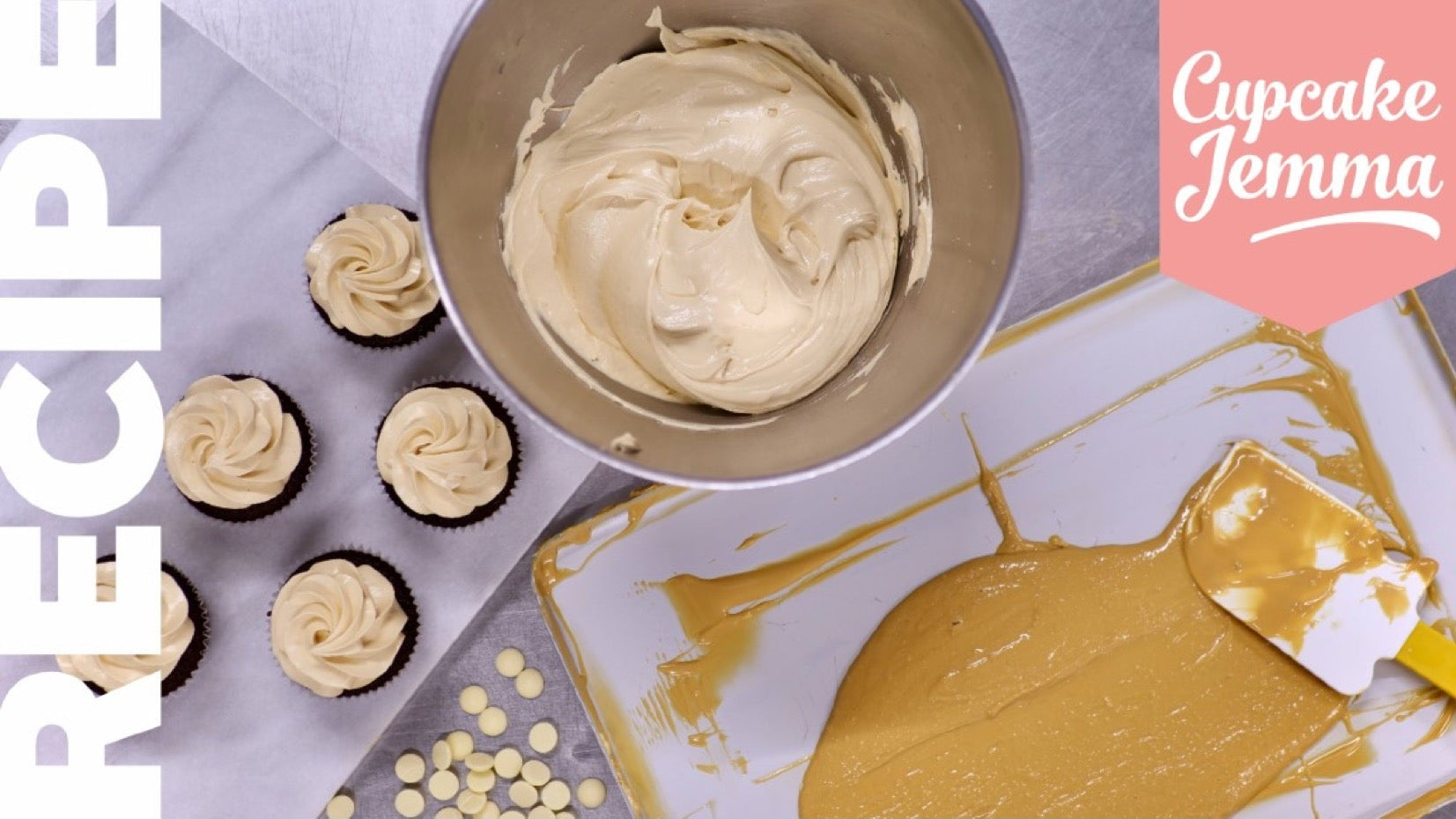 Bowl of creamy caramelised white chocolate with cupcakes and spatula on baking tray for Cupcake Jemma recipe