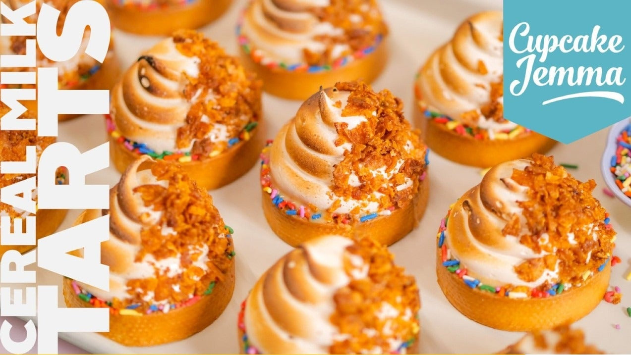 Cereal Milk Tarts with toasted meringue and cornflake topping from Cupcake Jemma downloadable recipe.