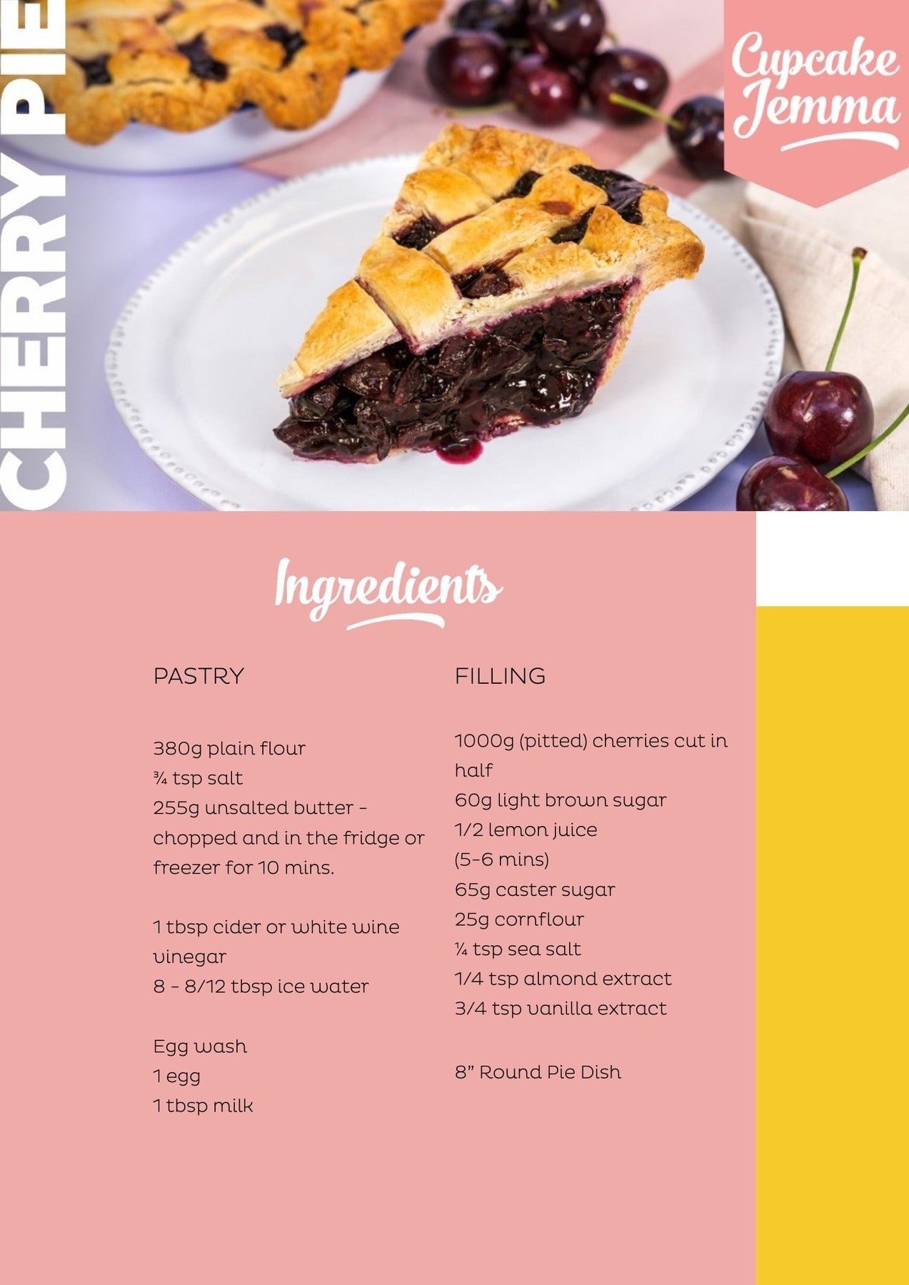 Slice of homemade cherry pie with lattice crust on a white plate alongside fresh cherries Cupcake Jemma recipe