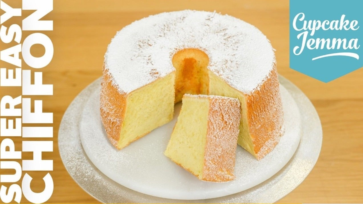 Chiffon Cake downloadable recipe by Cupcake Jemma showing a light airy cake dusted with icing sugar on a plate