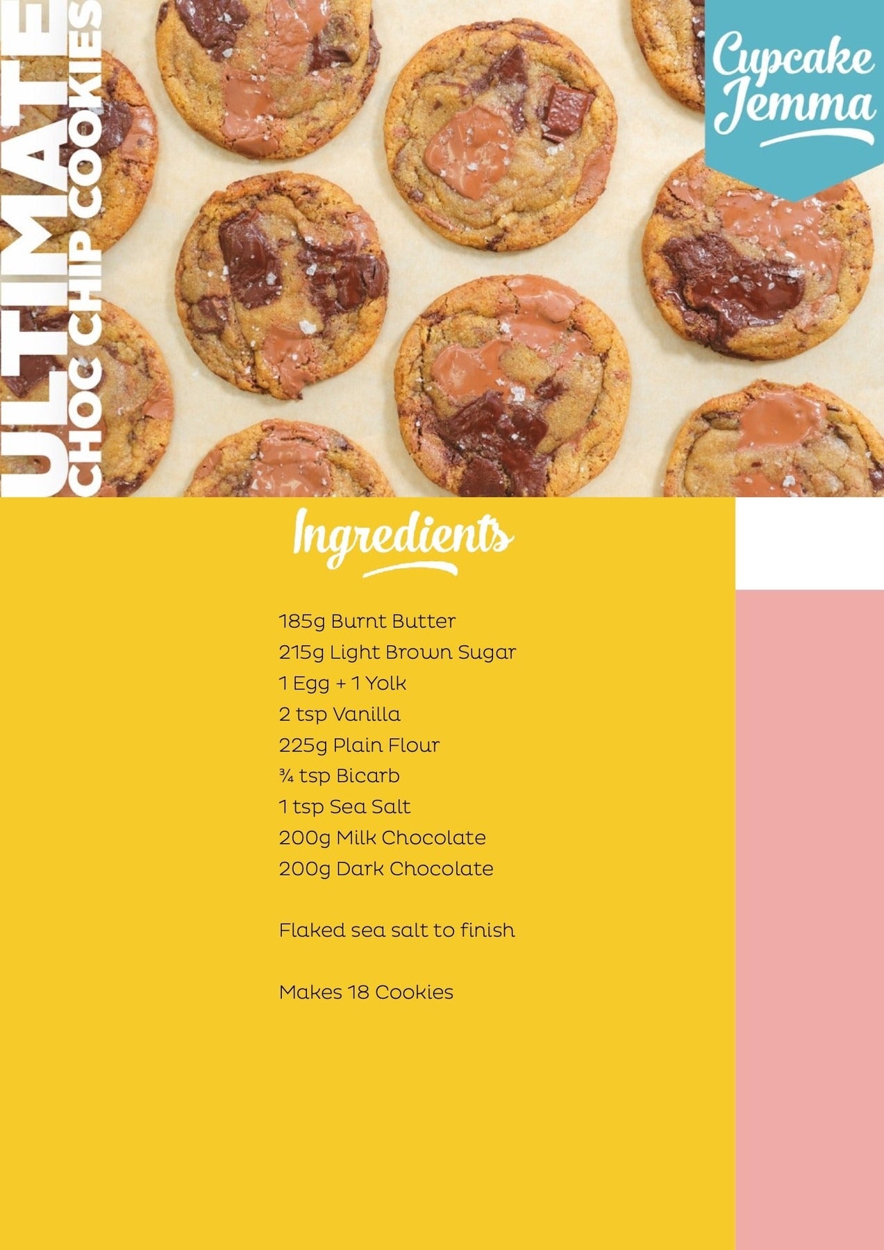 Close-up of freshly baked chocolate chip cookies with melted milk and dark chocolate chunks on parchment paper next to recipe ingredients list