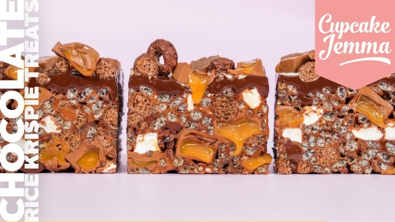 Close-up of Chocolate Cereal Fun Bar ingredients list by Cupcake Jemma for a downloadable recipe on baking sweet treats