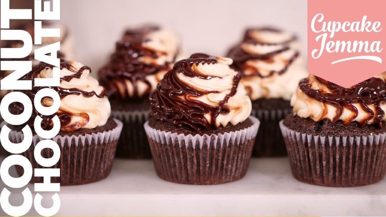 Chocolate Coconut Cupcakes with creamy frosting and chocolate drizzle, featured in Cupcake Jemma downloadable recipe for baking enthusiasts
