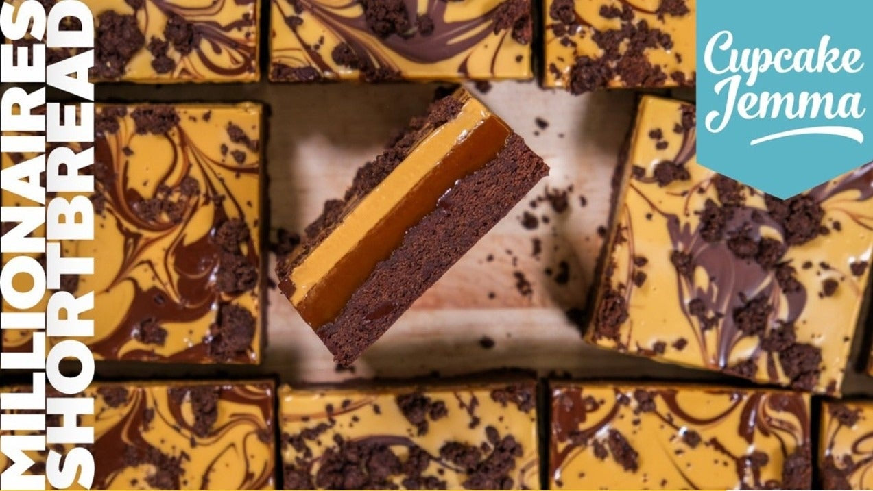 Chocolate Millionaires Shortbread bars with layers of caramel and chocolate by Cupcake Jemma recipe ingredients list.