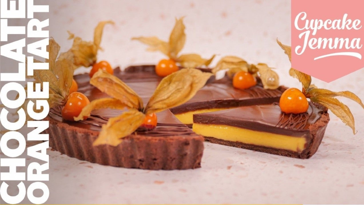Chocolate Orange Tart downloadable recipe by Cupcake Jemma showing rich chocolate tart with orange custard and decorative fruit topping