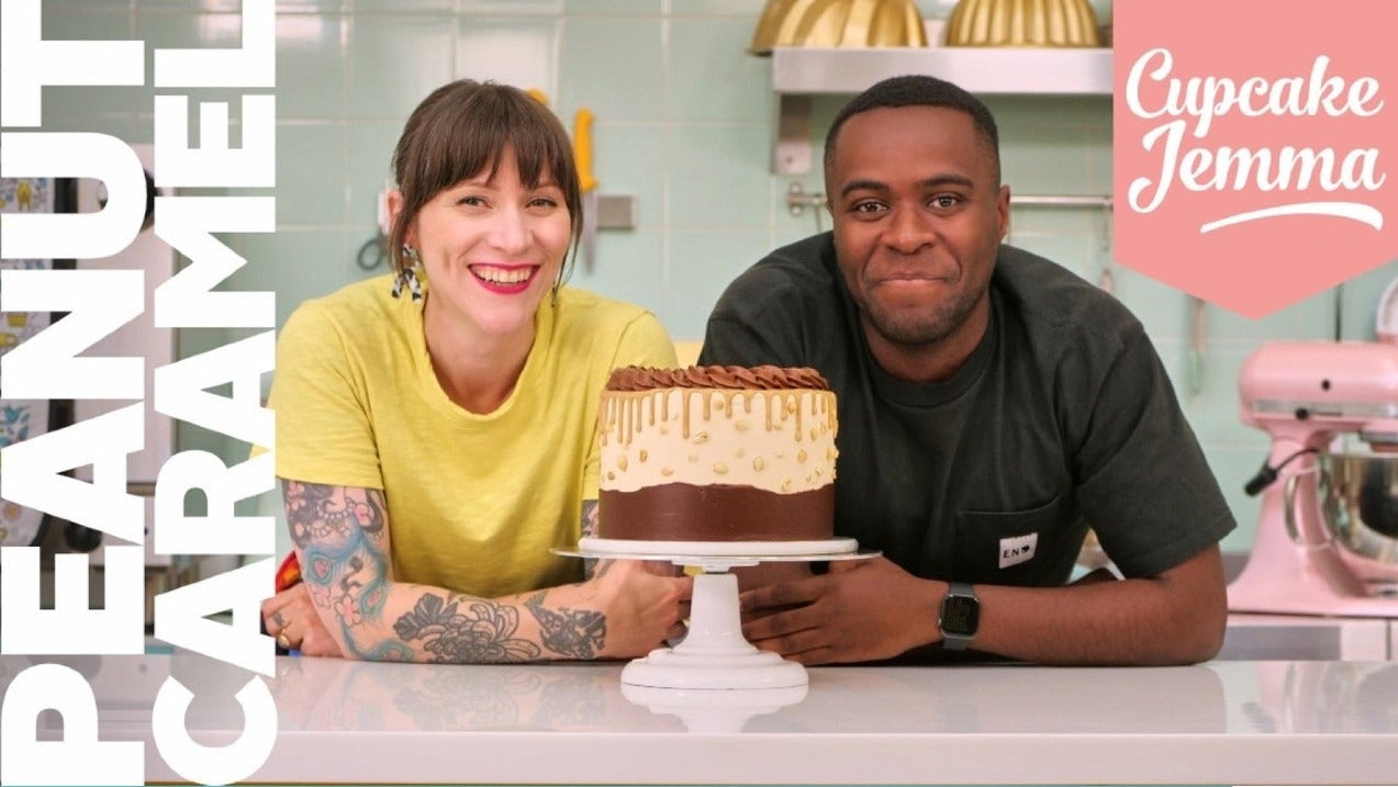 Cupcake Jemma with a chocolate peanut butter caramel cake for the downloadable recipe and baking ingredients list.