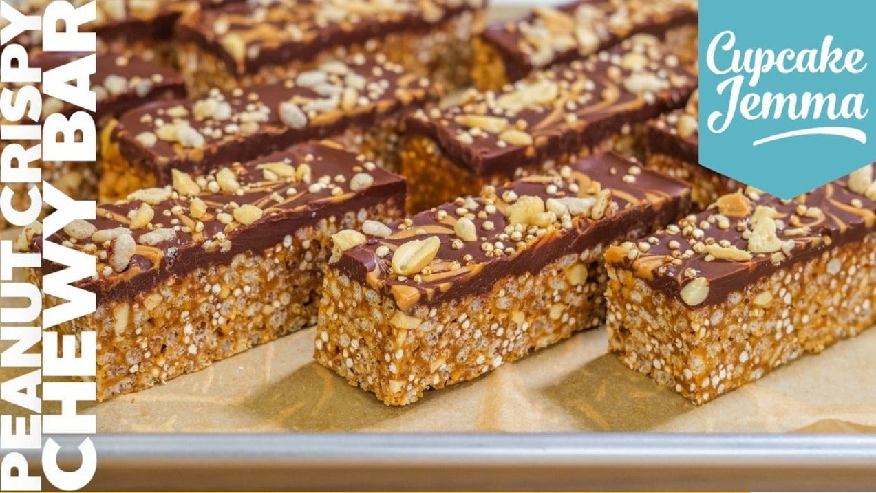 Close up of chocolate peanut krispie chewy bars with nuts for Cupcake Jemma downloadable recipe baking guide