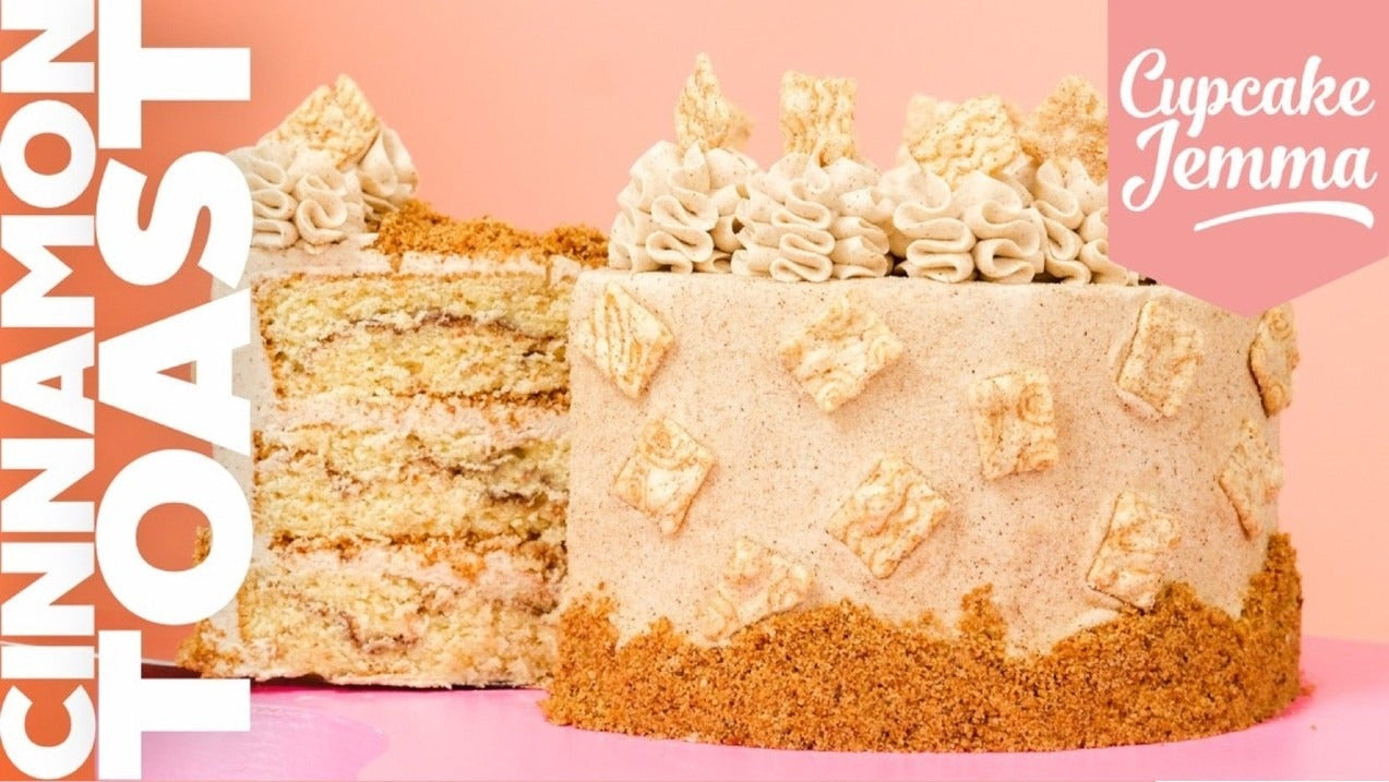 Moist cinnamon toast cake with cinnamon sugar buttercream and cereal decoration from Cupcake Jemma downloadable recipe.