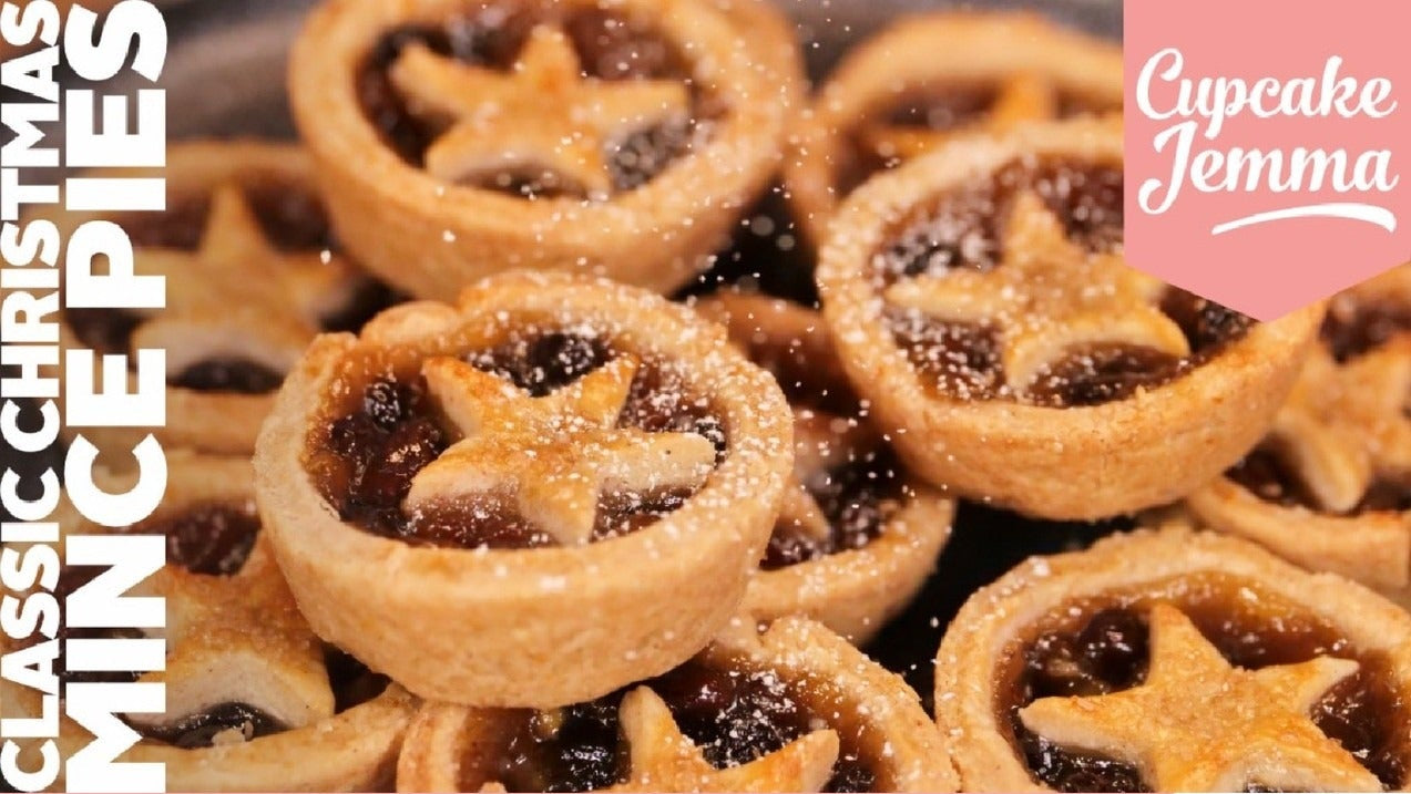 Classic Mince Pies downloadable recipe by Cupcake Jemma showing golden mince pies with star-shaped pastry tops.