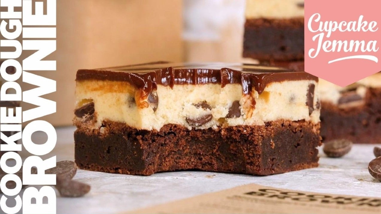 Close-up of a rich Cookie Dough Brownies downloadable recipe featuring a fudgy brownie base and creamy cookie dough layer by Cupcake Jemma.