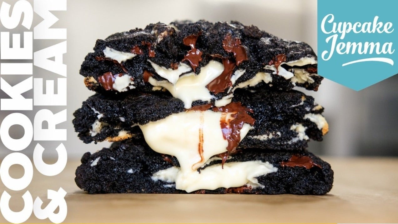 Close-up of gooey Cookies & Cream New York Cookies with molten chocolate and white chocolate filling by Cupcake Jemma recipe