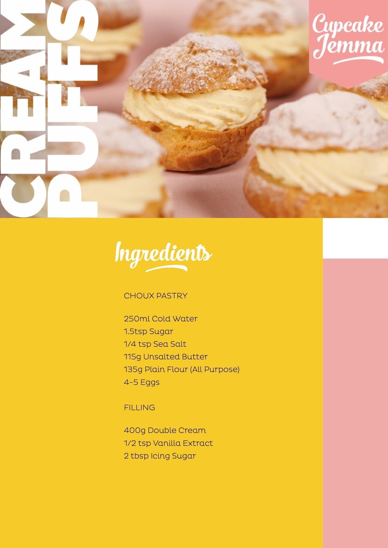 Cream puffs with powdered sugar and creamy filling in a Cupcake Jemma baking recipe printable.