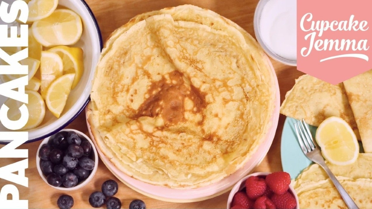 Crepe Pancakes downloadable recipe ingredients with fresh fruit, butter, and Cupcake Jemma branding visible