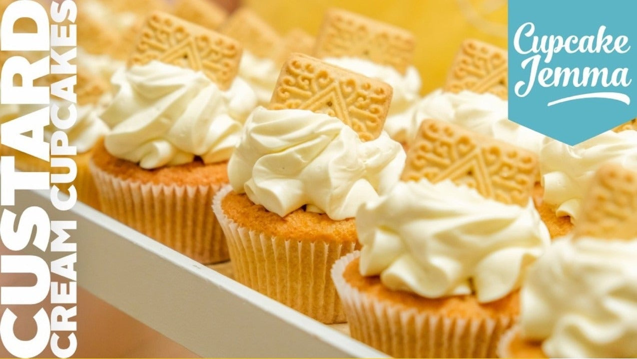 Close-up of custard cream cupcakes with creamy frosting and custard cream biscuits on top by Cupcake Jemma recipe