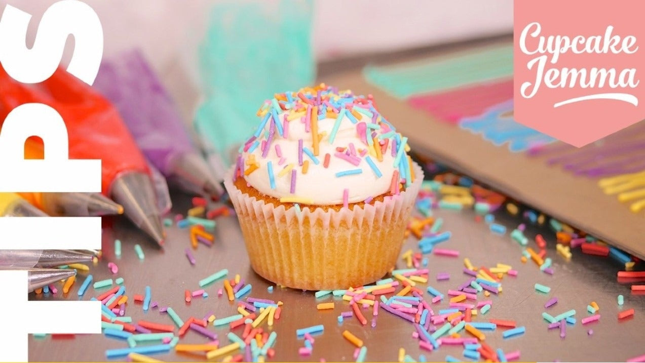 Cupcake with colorful sprinkles and piping bags showing DIY Sprinkles downloadable recipe ingredients by Cupcake Jemma