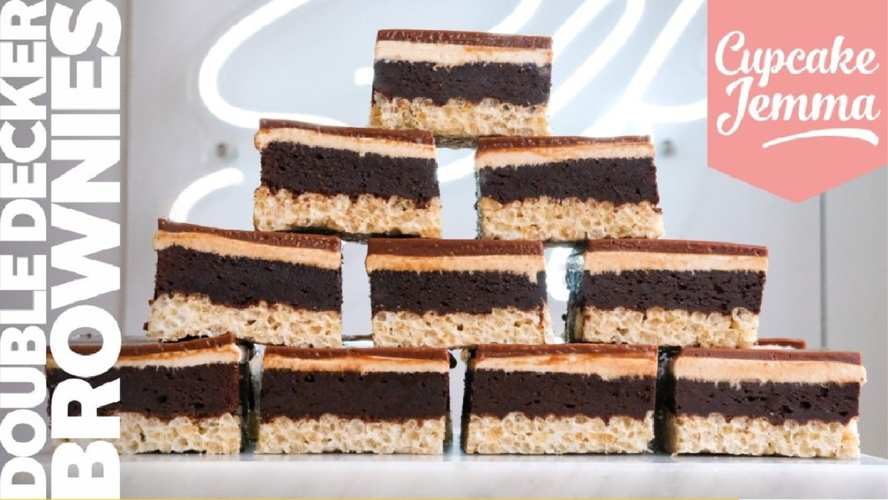 Stacked Double Decker Brownies with rich chocolate and creamy nougat layers from Cupcake Jemma downloadable recipe