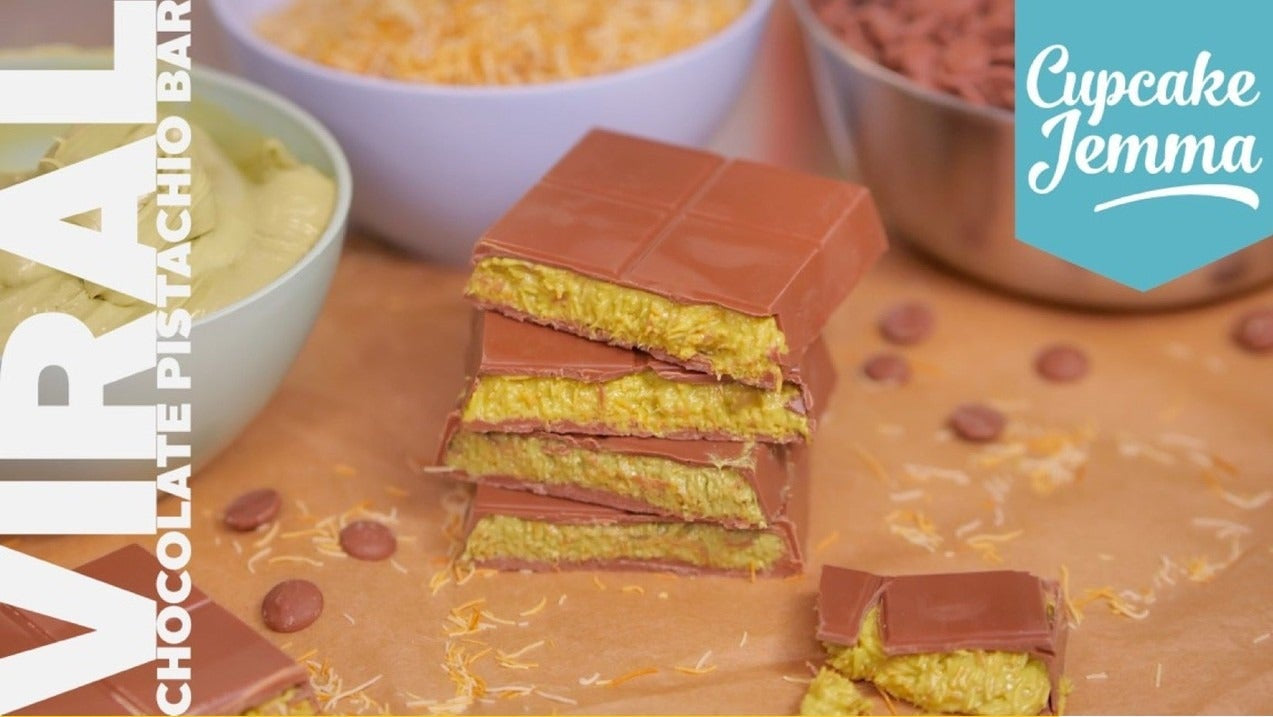 Stacked milk chocolate bars filled with pistachio and kunafa pastry from Dubai Pistachio Bar recipe by Cupcake Jemma