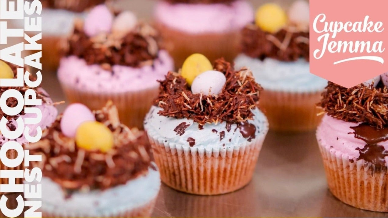 Easter Nest Cupcakes downloadable recipe ingredients list with chocolate nests and mini eggs by Cupcake Jemma.