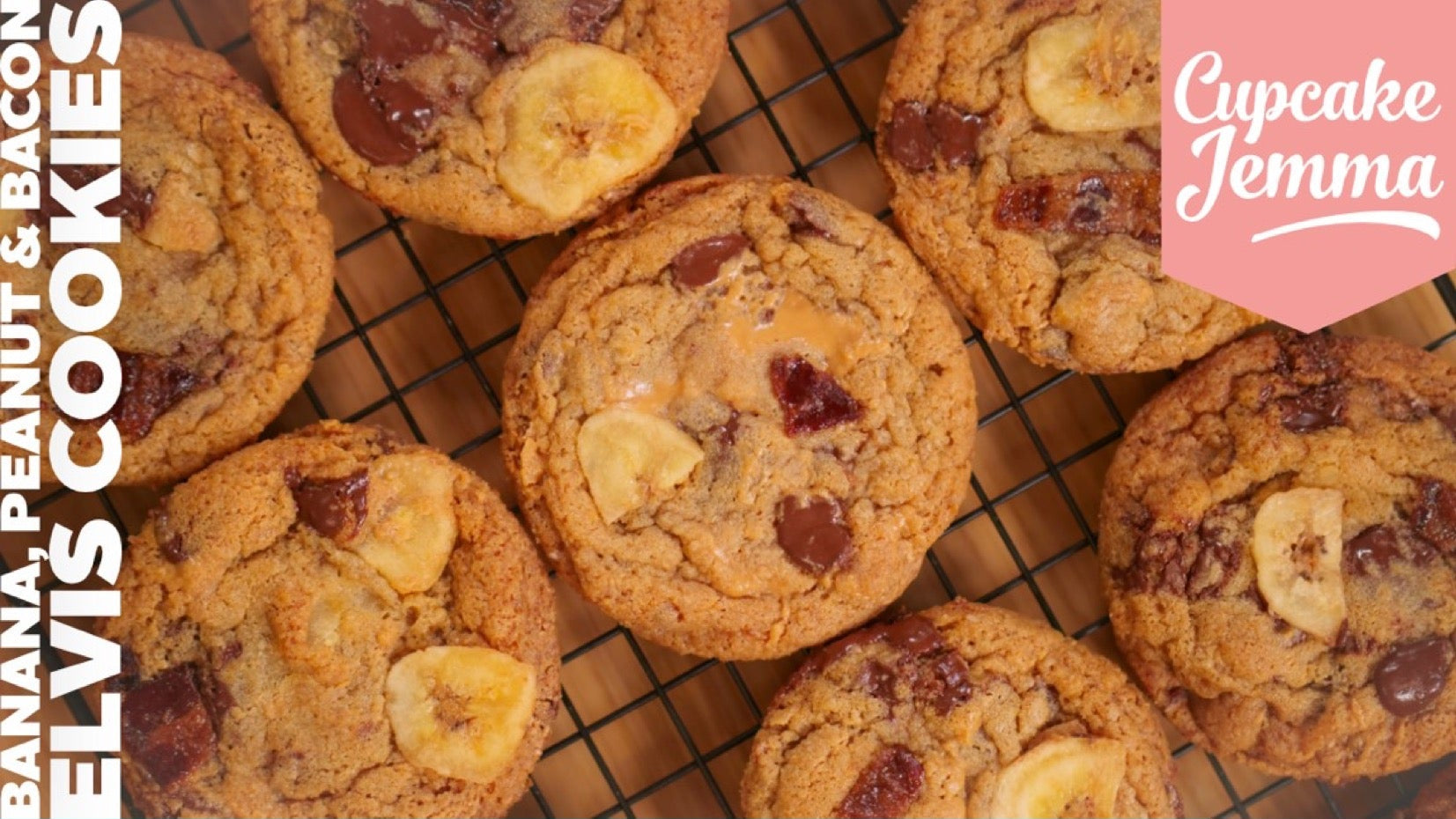 Close-up of Elvis Chip Cookies with banana slices, chocolate chips, and candied bacon on a cooling rack recipe card visible