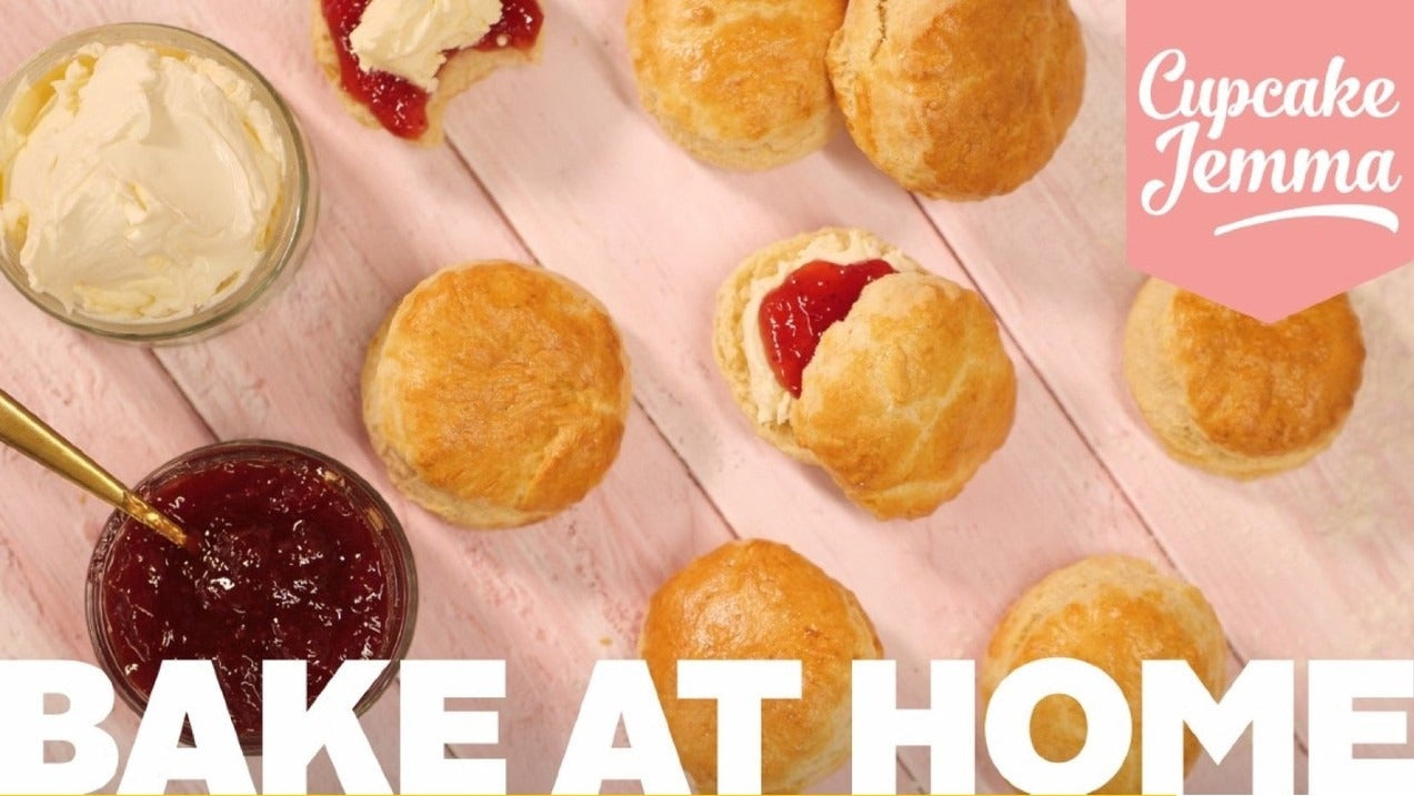 Freshly baked English scones with clotted cream and jam from Cupcake Jemma downloadable recipe for baking at home