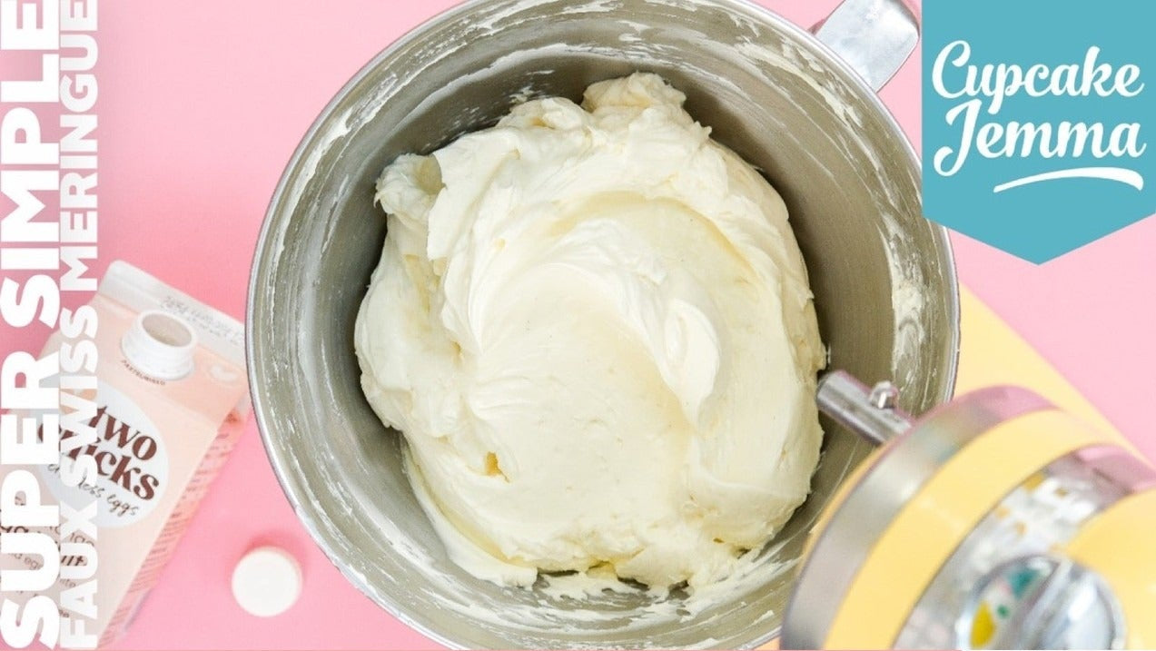 Bowl of smooth faux Swiss meringue buttercream frosting with ingredients and Cupcake Jemma branding visible
