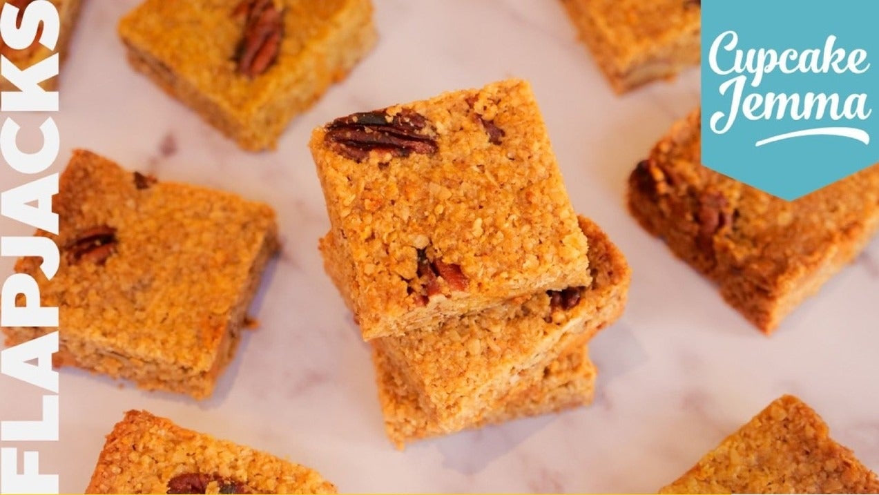Golden chewy flapjacks with pecans and caramelised white chocolate from Cupcake Jemma recipe download