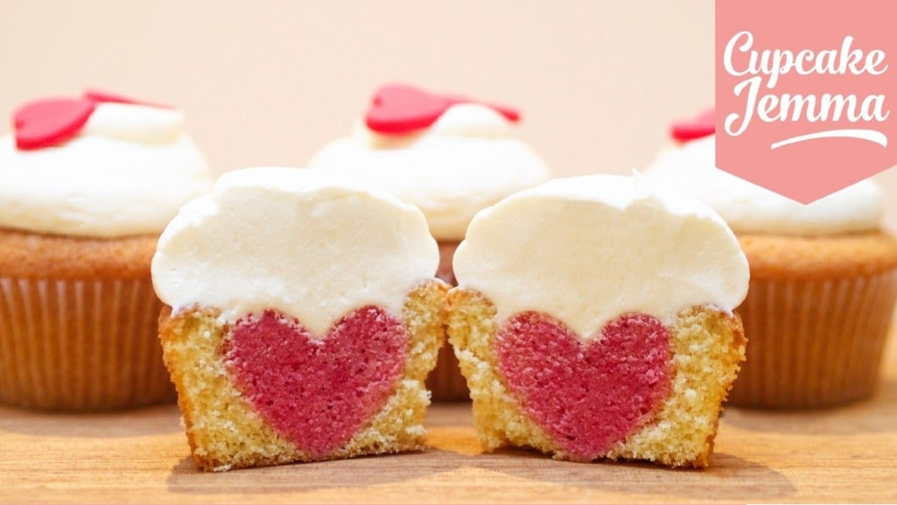 Heart Cupcakes downloadable recipe featuring moist cupcakes with hidden pink heart and vanilla buttercream by Cupcake Jemma