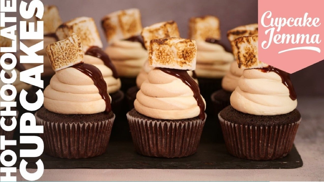 Decadent hot chocolate cupcakes with creamy frosting, toasted marshmallows, by Cupcake Jemma downloadable recipe.