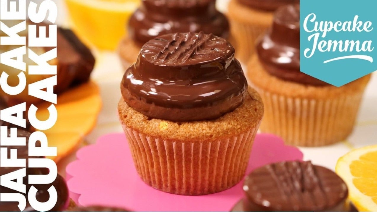 Jaffa Cake Cupcake with chocolate ganache topping on a baking recipe card by Cupcake Jemma