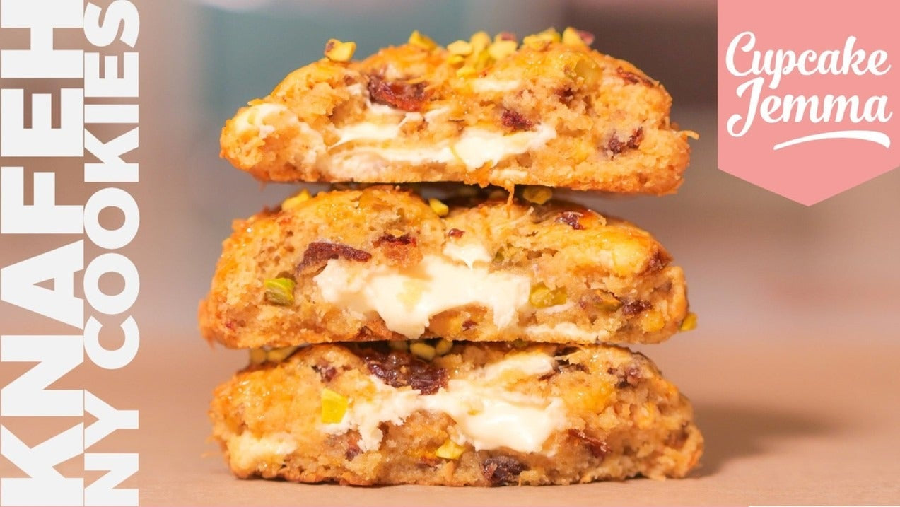 Close-up of Knafeh New York Cookies showing creamy filling and crunchy texture for the downloadable recipe by Cupcake Jemma