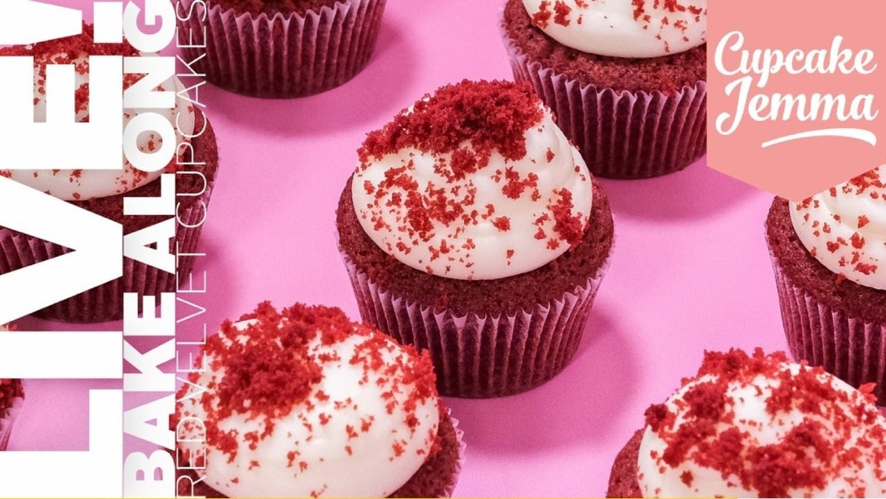 Red Velvet Cupcakes with creamy frosting on pink background, recipe ingredients by Cupcake Jemma for baking delight