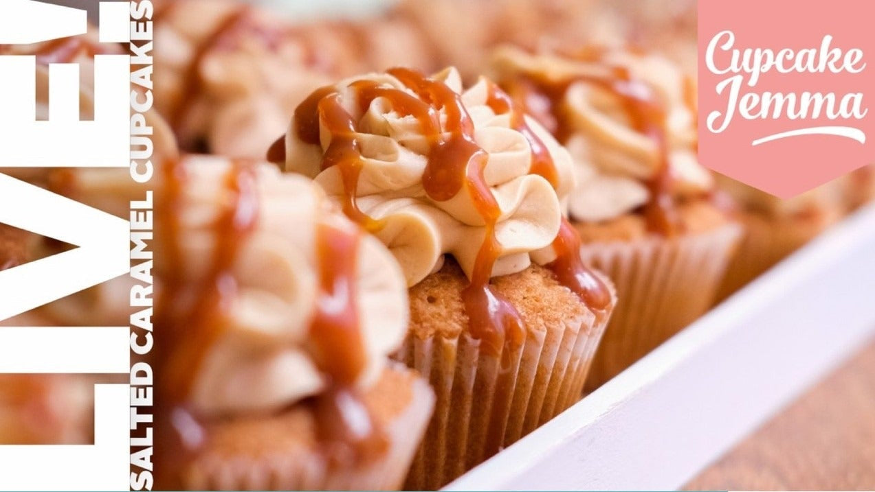Moist salted caramel cupcakes with creamy frosting and caramel drizzle, from Cupcake Jemma’s downloadable recipe for baking lovers