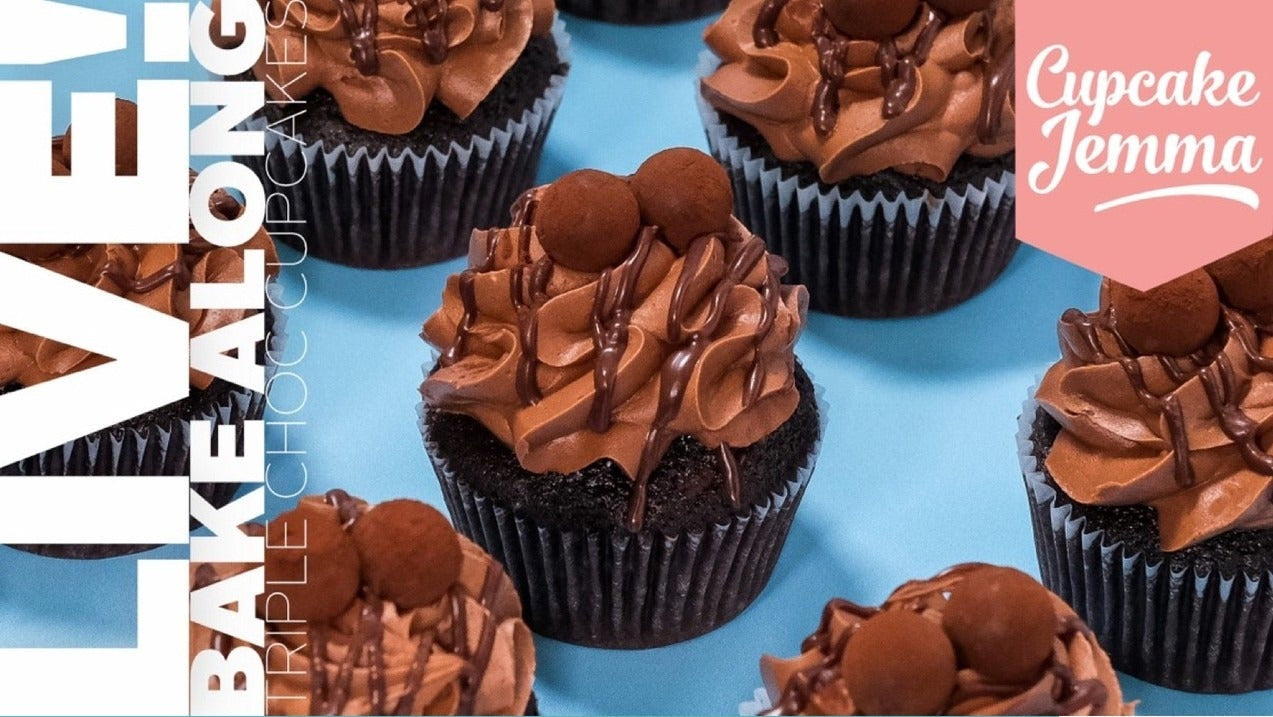 Close-up of rich triple chocolate cupcakes with chocolate frosting and chocolate drizzle from Cupcake Jemma recipe download